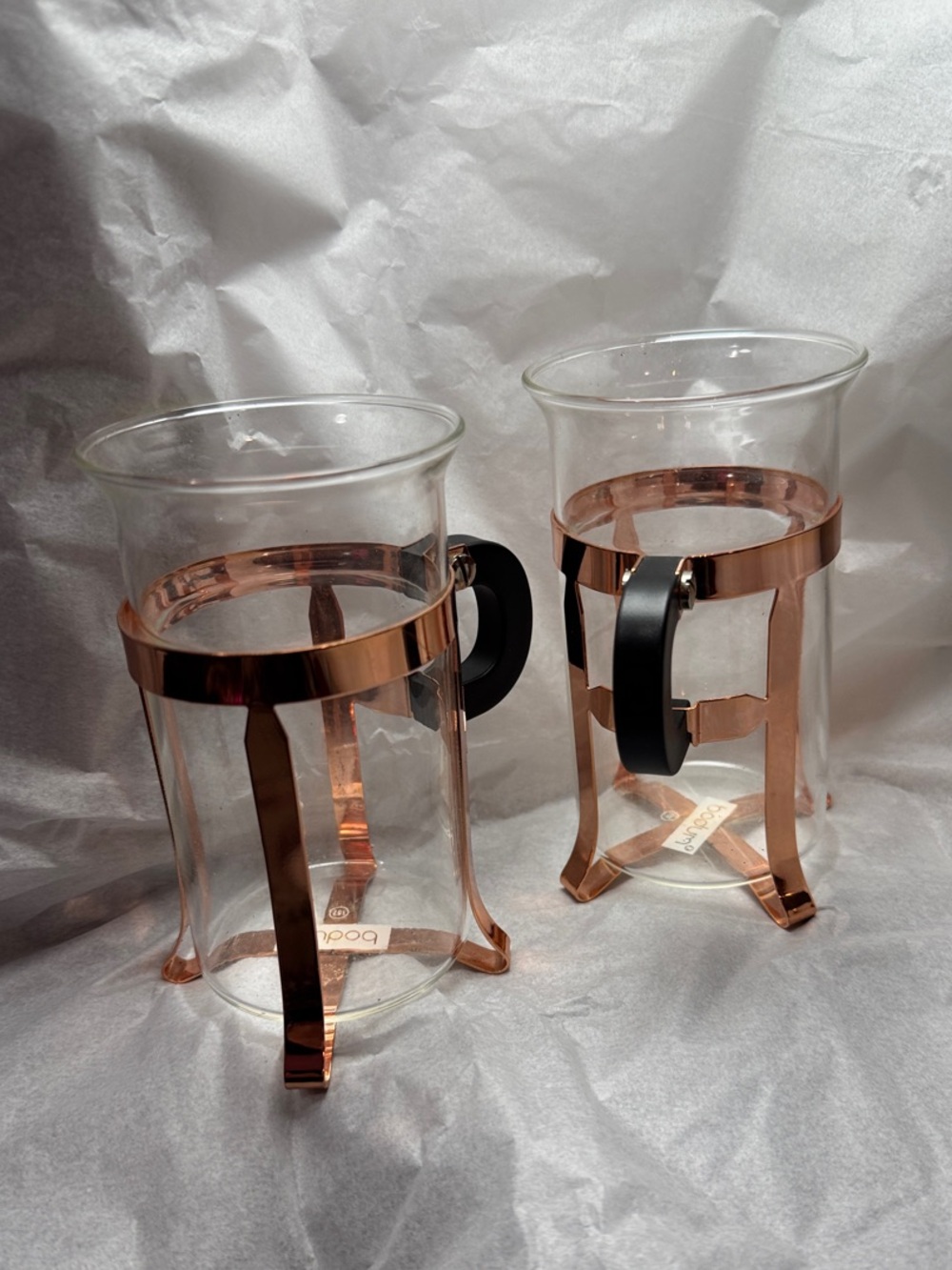 Bodum Rose Gold Glass Tea/Coffee Mugs with Black Handles - Pair